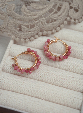 yeajewel小众设计感粉碧玺耳环少女甜美耳扣耳饰送礼物日韩40156