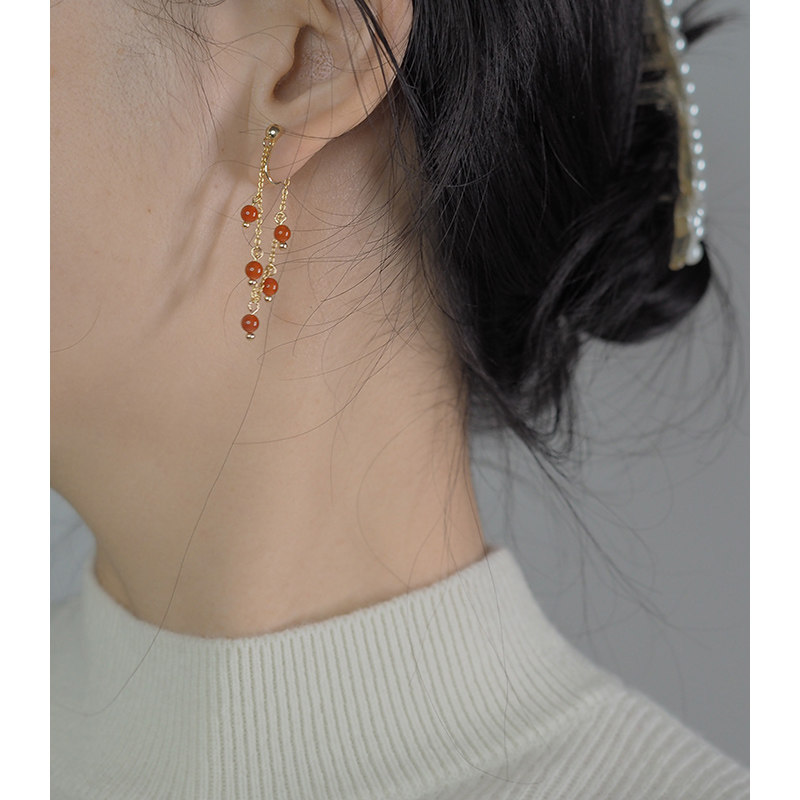 原创手作五颗红玛瑙双层耳夹流苏蚊香盘耳骨夹复古优雅耳环20119