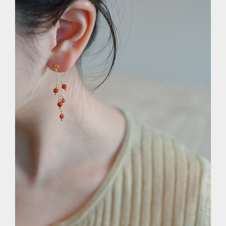 五颗红玛瑙u形耳钉设计感耳环