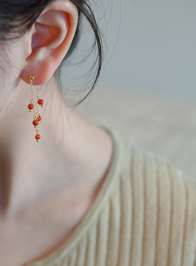 yeajewel五颗红玛瑙u形耳钉设计感小众气质耳环耳饰复古女211110