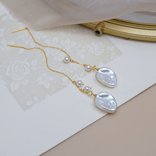 气质简约人造花瓣珍珠耳线925纯银淑女流苏长耳环法式优雅潮50736