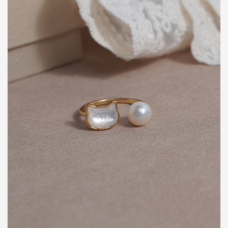 原创小众设计感白珍珠猫咪戒指可爱甜美少女可调节指环日韩407127