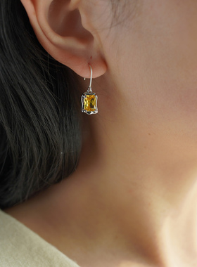 小众时尚通勤黄锆石熔岩方形吊坠耳环925纯银耳钩简约百搭女60108