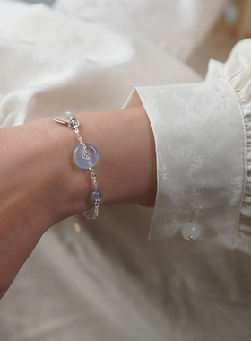 小众设计感海蓝宝平安扣碎银子lucky手链清新气质手串新中式40407