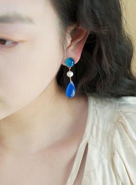 新中式复古气质蓝玛瑙珍珠耳夹无耳洞耳骨夹法式优雅耳环女51167