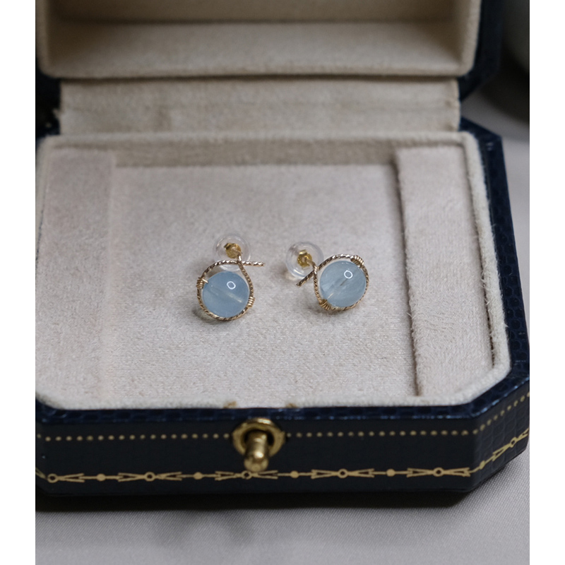 设计感手作海蓝宝绕水滴耳钉14k包金清新少女耳环小众耳饰202102