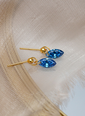 小众设计感复古马眼蓝锆石金豆耳钉925纯银法式优雅简约耳环50510