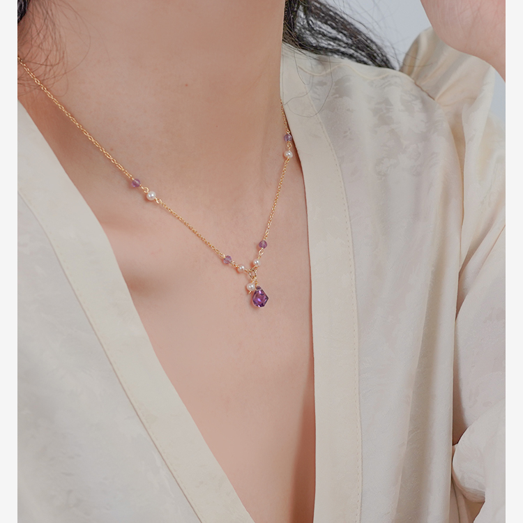 小众设计紫水晶珍珠项链轻奢高级感锁骨链925纯银水滴饰品女40539