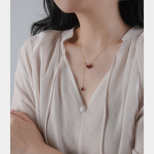 yeajewel原创设计感石榴石水滴y字项链925银复古气质锁骨链30924