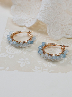 小众法式轻奢高级感海蓝宝耳扣清新气质耳环复古甜美耳饰女40555