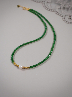 原创绿玉髓珍珠碎金子项链复古森系少女锁骨链新中式古风女30558