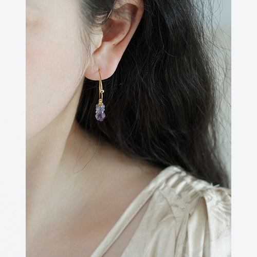 紫水晶塔桑石圆圈耳环法式少女