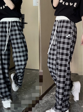 WE11格子长裤女春夏韩版小个子宽松阔腿裤显瘦休闲裤高腰直筒裤子