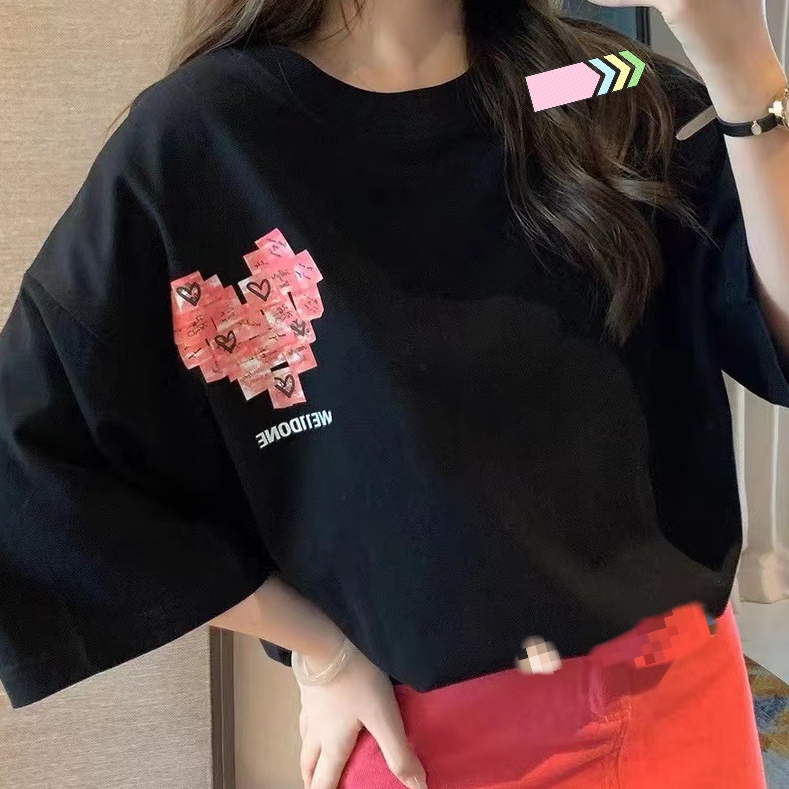 we11done新款短袖女宽松个性爱心便利贴印花棉质半袖圆领t恤男潮