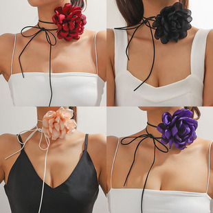 跨境新款系带花朵项链夸张韩国大绒花颈链choker女锁骨链晚宴配饰