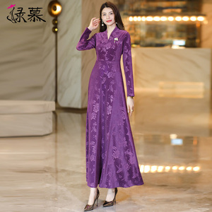 复古提花连衣裙女春秋新款法式高级感气质V领收腰显瘦长裙子