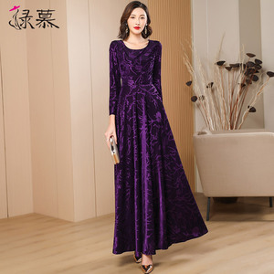 深紫色复古连衣裙女高级感2026春秋新气质名媛收腰大摆长裙到脚踝