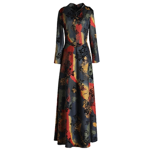 春秋新款时尚印花长袖连衣裙女长款2025年修身到脚踝显瘦大摆长裙