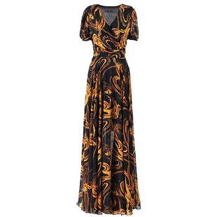 黑色印花雪纺连衣裙女2025新款长款过膝温柔风大摆夏天显瘦长裙