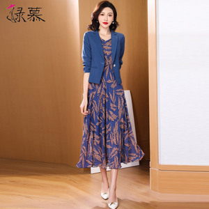 气质小西装外套女雪纺印花连衣裙子套装通勤2026年新款春夏两件套