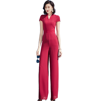 酒红色连体裤2024年气质高腰时髦