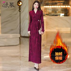 贵夫人气质春秋加绒加厚连衣裙2025新款女收腰正式场合精致长裙