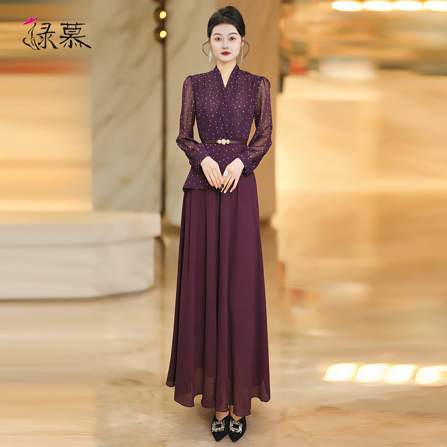 高级感紫色波点雪纺连衣裙206春夏新款气质收腰显瘦假两件长裙