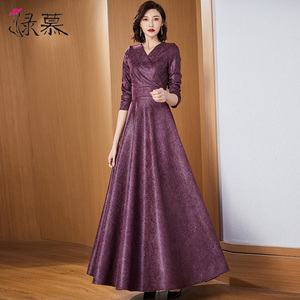 长袖连衣裙女长款过膝2025年春秋新款遮肚子长裙显瘦显高V领