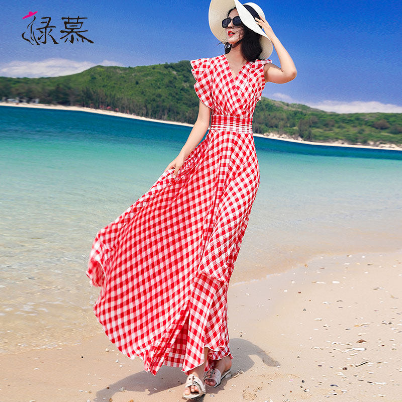 绿慕雪纺连衣裙女格子2023夏装新款荷叶边短袖长款修身显瘦沙滩裙