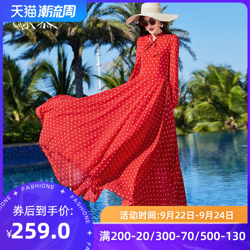连衣裙春夏雪纺波点女装2023新款及到脚踝大摆雪纺超长裙连衣裙仙