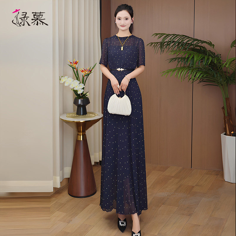高级感藏蓝色波点连衣裙女夏长款