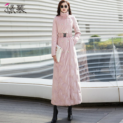 羽绒服女长款粉色2025年冬季新款加厚立领收腰修身过膝到脚踝外套