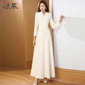 2025春秋新款 米白色长袖 连衣裙长款 加厚气质减龄显瘦高端长裙子