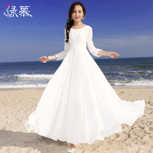 绿慕2026春夏新款大码雪纺连衣裙女装长袖气质修身显瘦大摆长裙女
