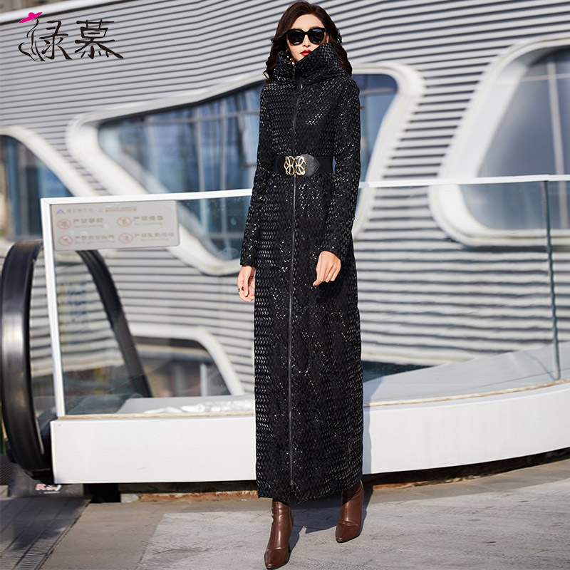 黑色羽绒服女亮面免洗超长白鸭绒