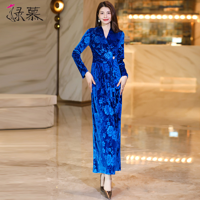 贵妇人气质金丝绒连衣裙女春秋