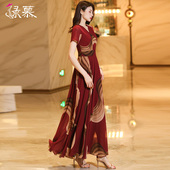 高级感酒红色连衣裙女夏季 2025新款 气质印花显瘦遮肚子大摆长裙