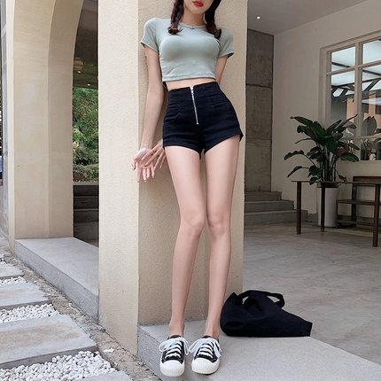 xs黑色高腰弹力短裤女紧身包臀性感辣妹拉链超短裤提臀跳舞蹈热裤