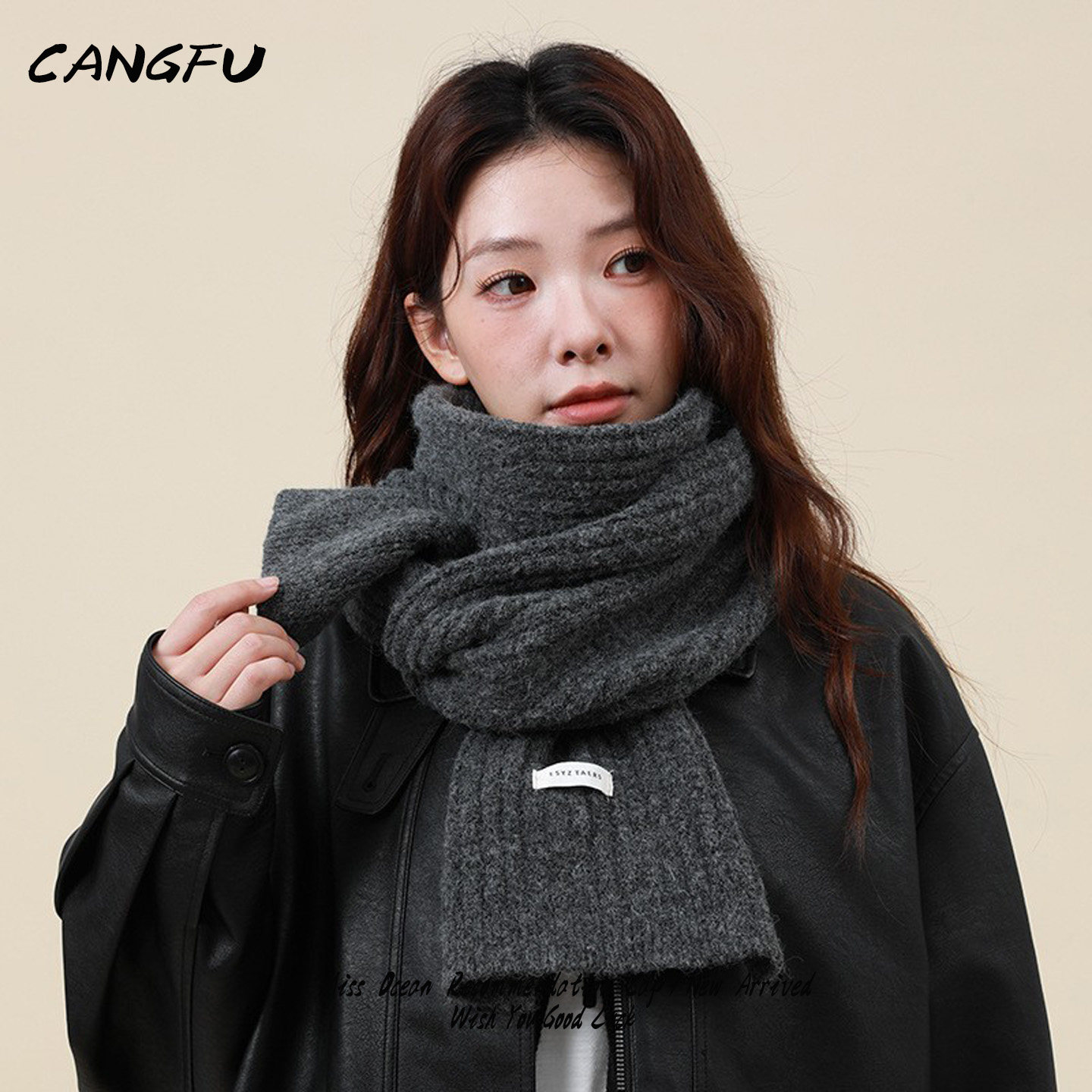 CANGFU羊毛混纺纯色针织小围巾女冬季韩版百搭学生情侣百搭围脖