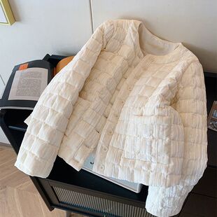 高级感丝绒单排扣圆领棉服女冬季2024新款时髦气质外穿保暖短外套