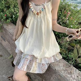 海边度假风温柔甜美花苞裙短裙子 设计感小众拼接吊带连衣裙女夏季