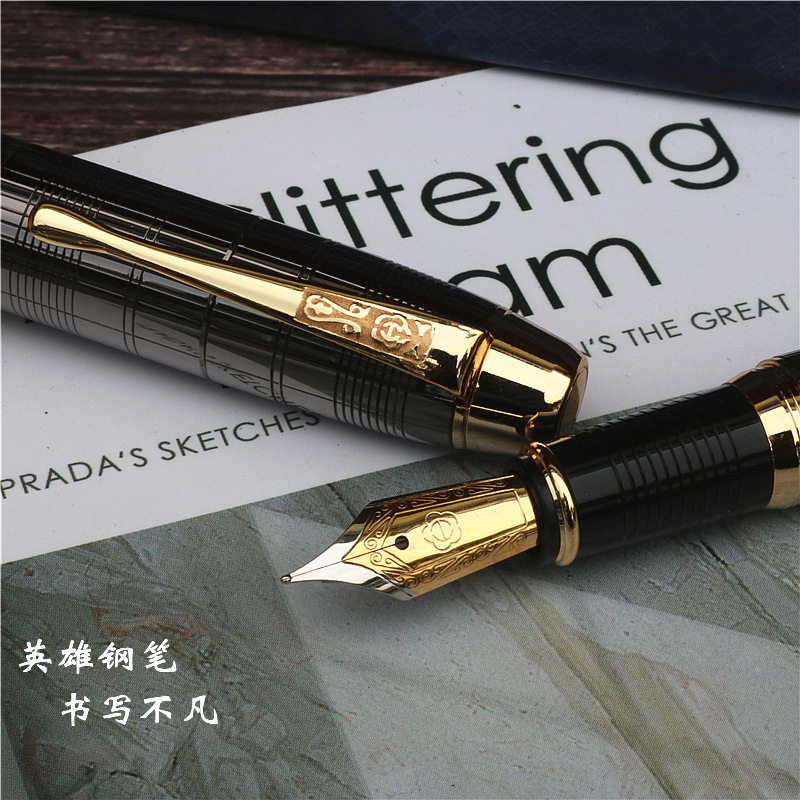 英雄钢笔953金夹铱金钢笔宝珠笔枪灰色商务笔练字墨水钢笔明尖