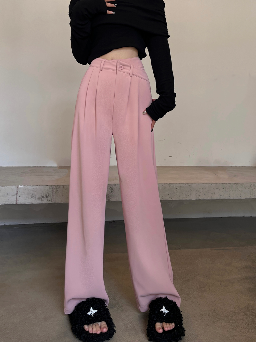 设计感粉色西装裤女不规则休闲裤高腰宽松西裤夏款直筒春秋阔腿裤