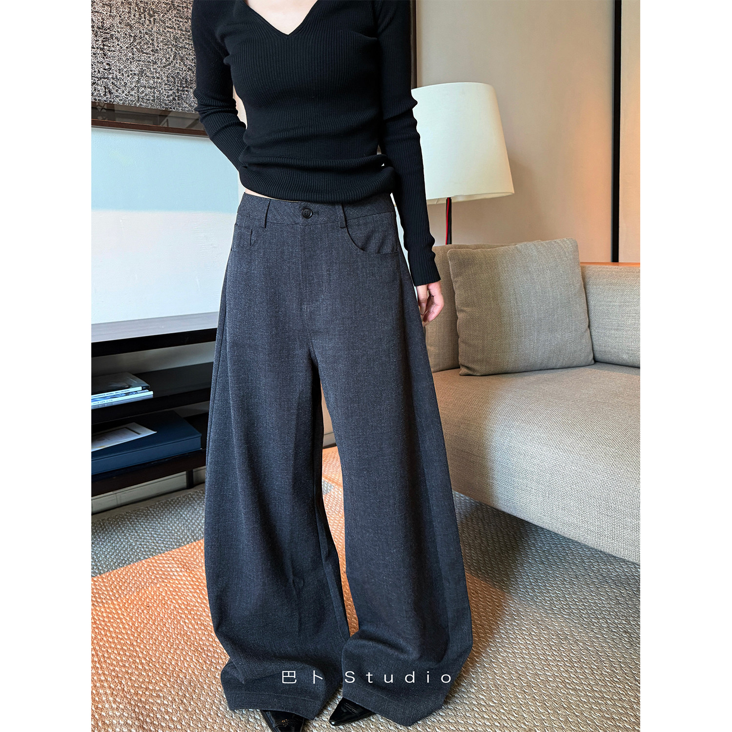 巴卜Studio 灰色弯刀裤女秋季高腰百搭直筒裤宽松休闲阔腿裤长裤