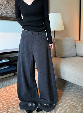 巴卜Studio 灰色弯刀裤女秋季高腰百搭直筒裤宽松休闲阔腿裤长裤