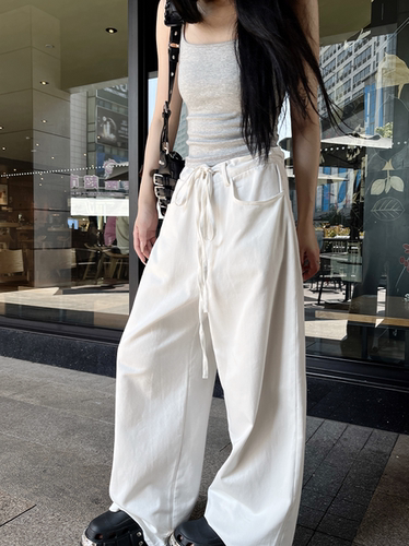 巴卜Studio白色垂坠天丝抽绳可调节休闲裤女夏季百搭显瘦阔腿长裤