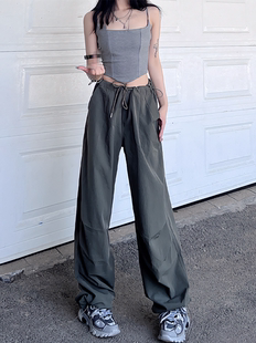 工装 复古辣妹宽松高腰抽绳街头休闲裤 裤 灰绿色2023新款 女夏季 美式