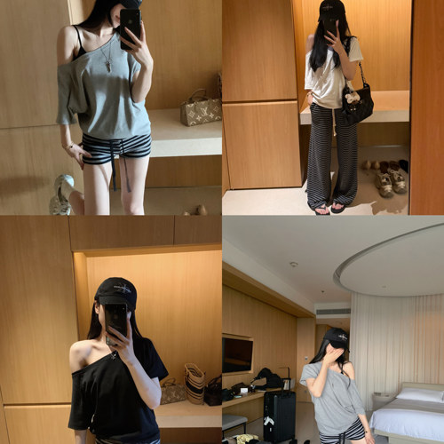 巴卜Studio三色斜肩宽松短袖T恤