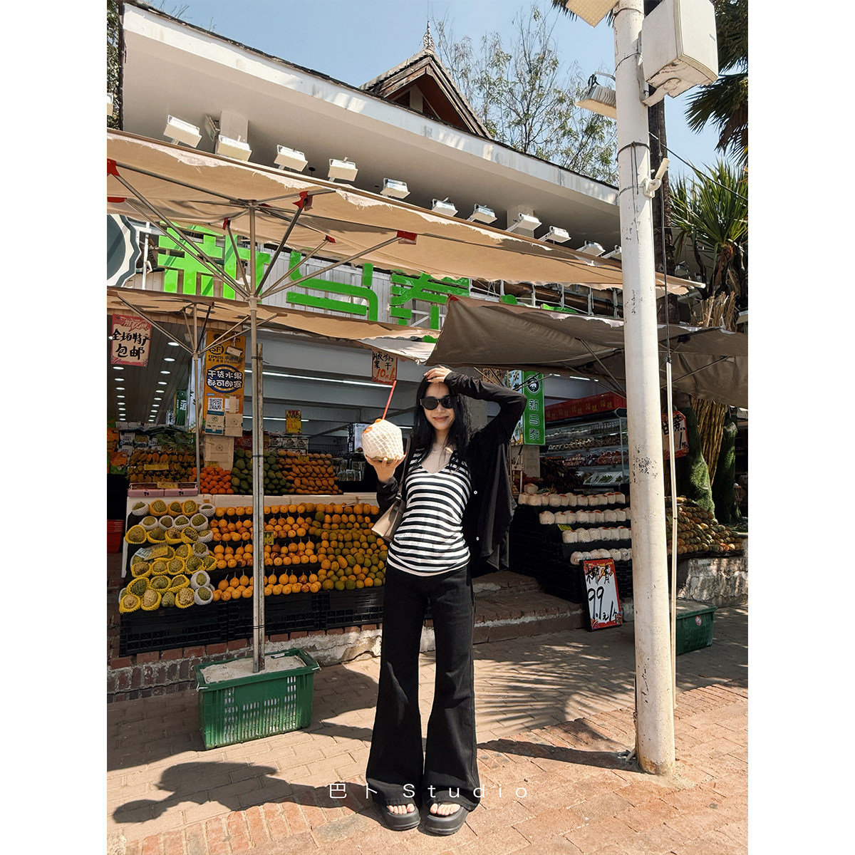 巴卜Studio黑色低腰微喇牛仔裤女春夏季辛苦那百搭显瘦显腿长裤子