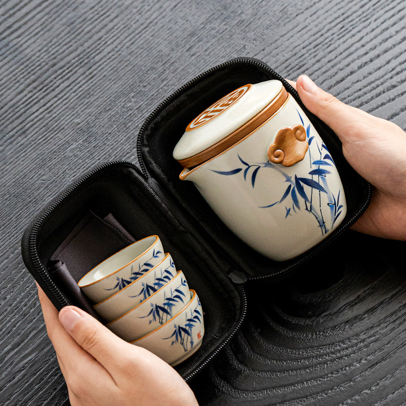 汝窑旅行茶具可携式汝瓷快客杯户外露营一壶四杯陶瓷茶壶茶杯喝茶
